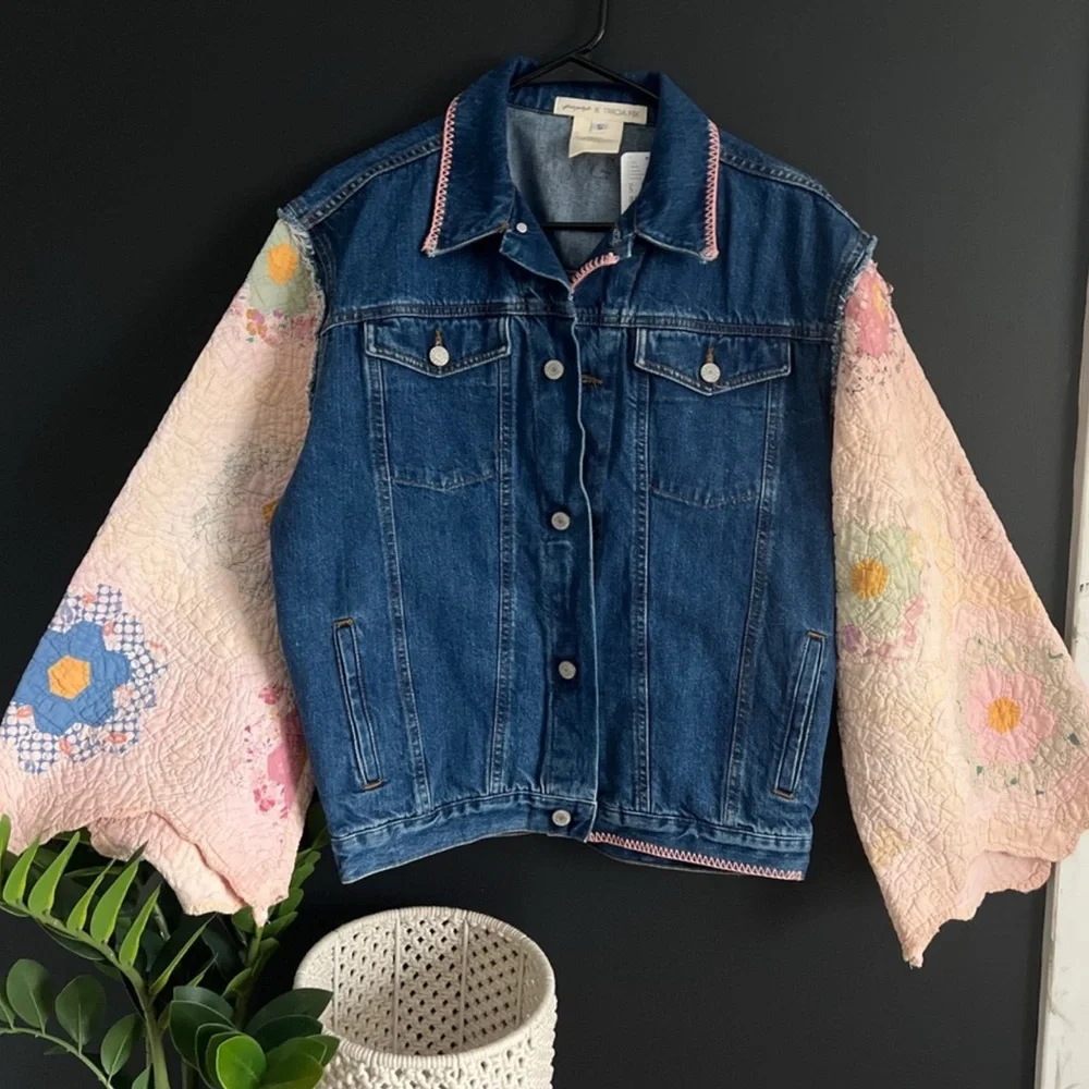 Nwt Free people x Tricia Fix Blue Denim patch work bell sleeve Jacket nwt - Picture 3 of 9